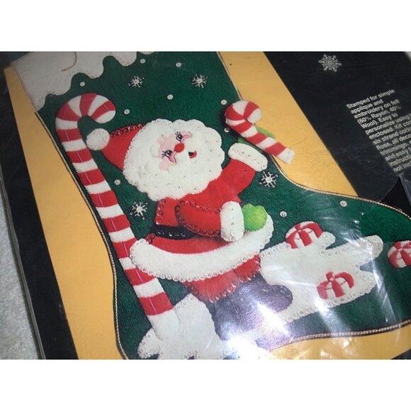 "SANTA" Felted Christmas Stocking Kit 18" Long Stamped Applique and Embroidery - Picture 2 of 6